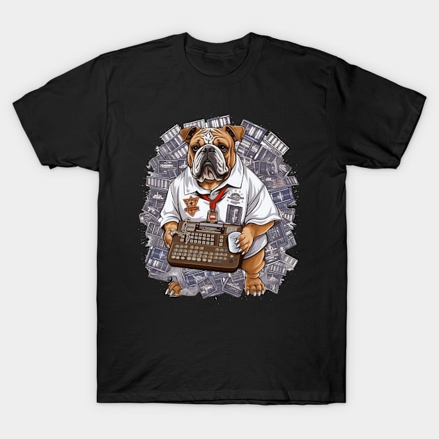 Accountant English Bulldog t-shirt design, a bulldog wearing a graduation gown and holding a calculator T-Shirt by teestore_24